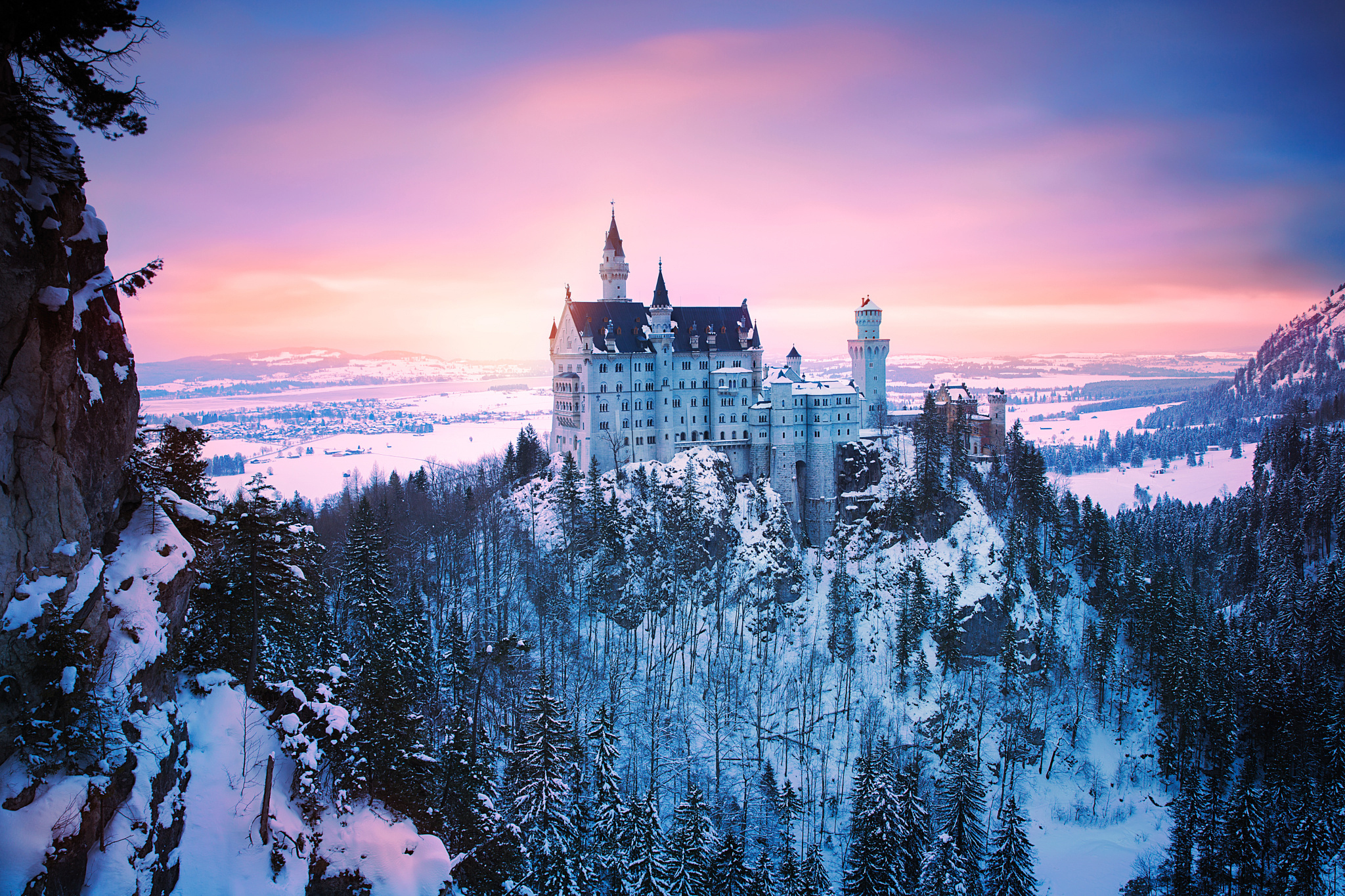 Bavaria Forest Germany Neuschwanstein Castle Sunset Winter 2048x1365
