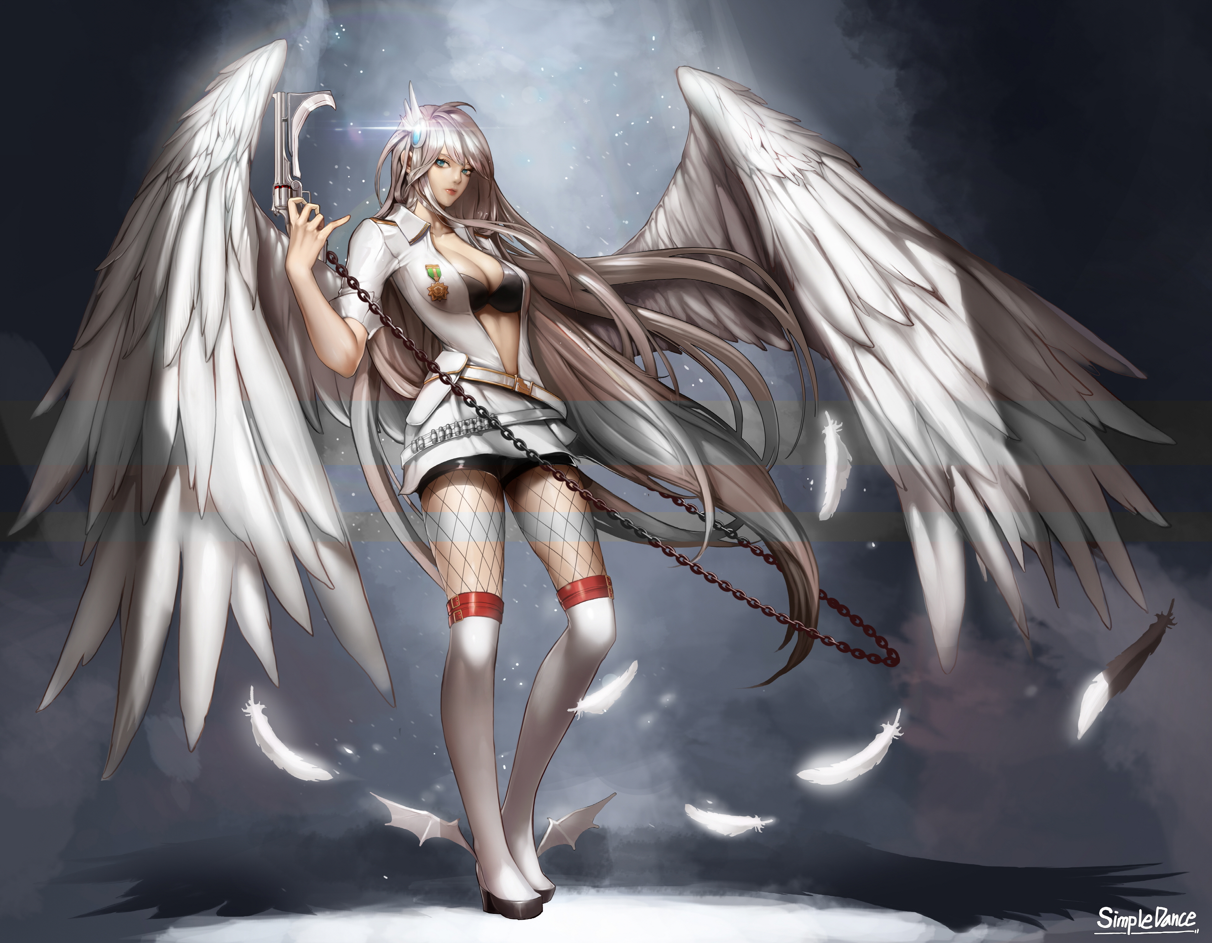 Angel Chain Feather Green Eyes Gun Long Hair Skirt Weapon White Hair Wings 3913x3044