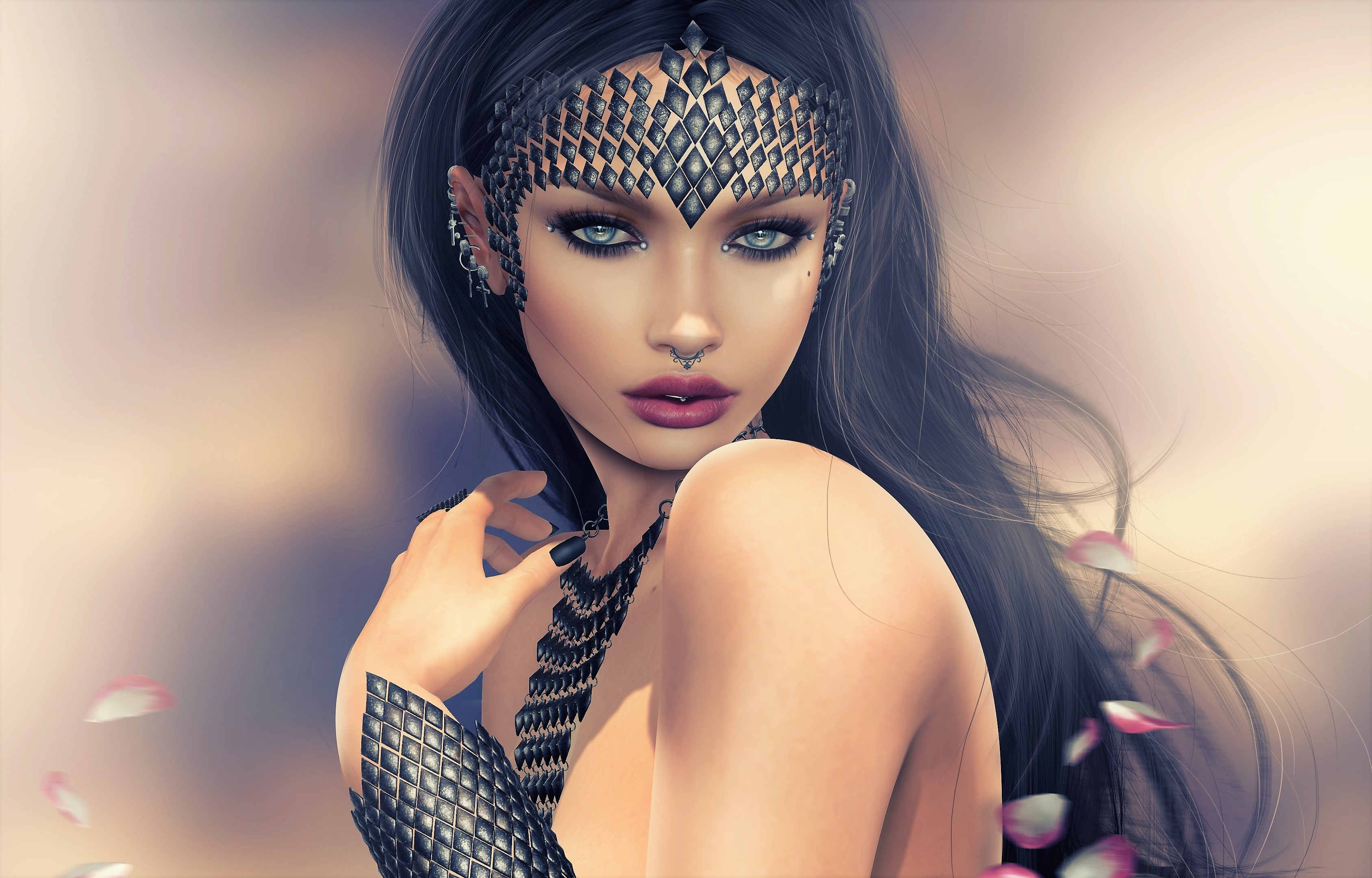 Black Hair Blue Eyes Fantasy Girl Jewelry Piercing Woman 3376x2161