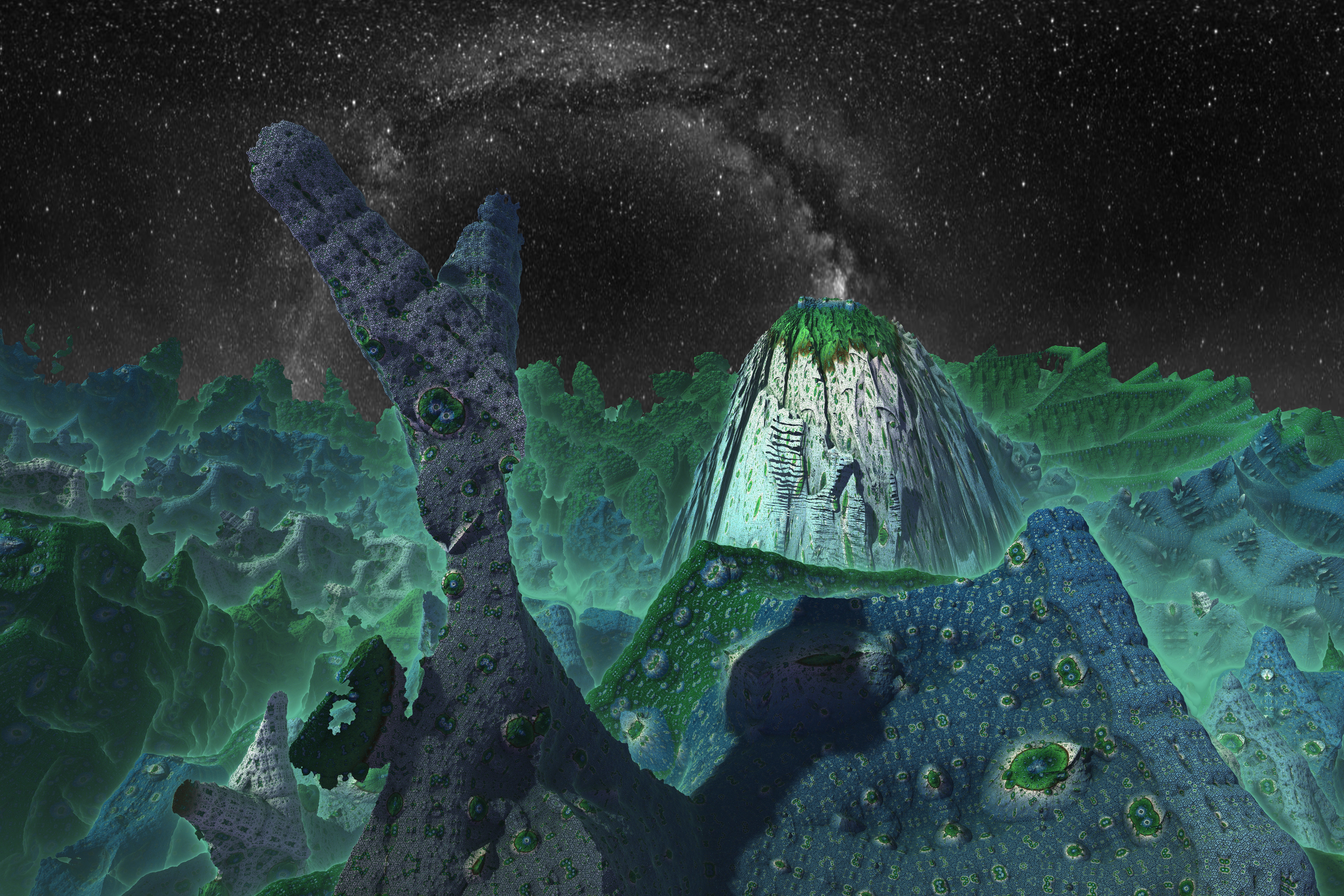 3d Abstract Artistic Cgi Digital Art Fractal Green Landscape Mandelbulb 3d Mountain Night Space 7680x5120