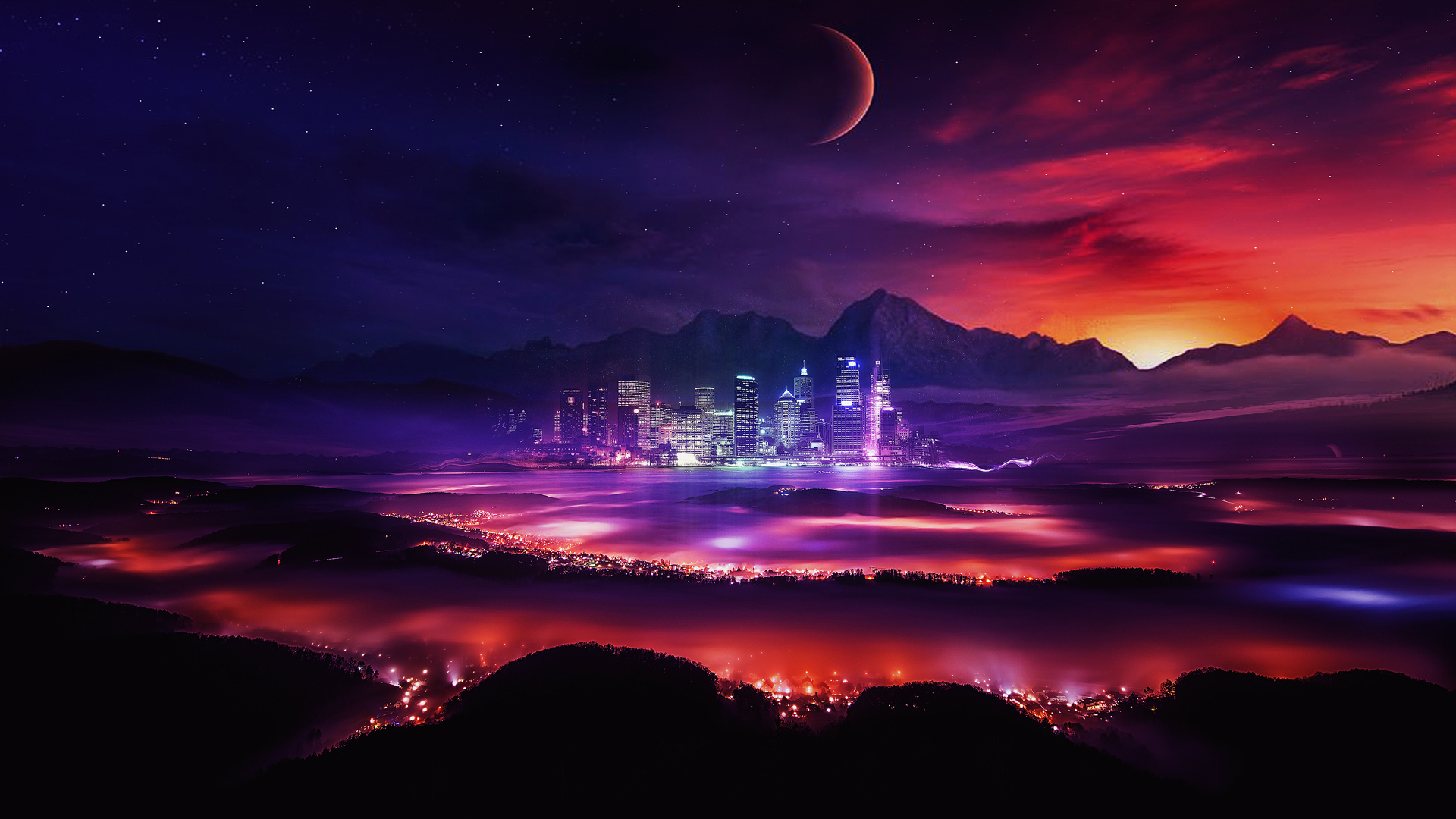 Planet Moon Stars Space Mountains Lights Night Sky City Panoramic View Colorful 1920x1080