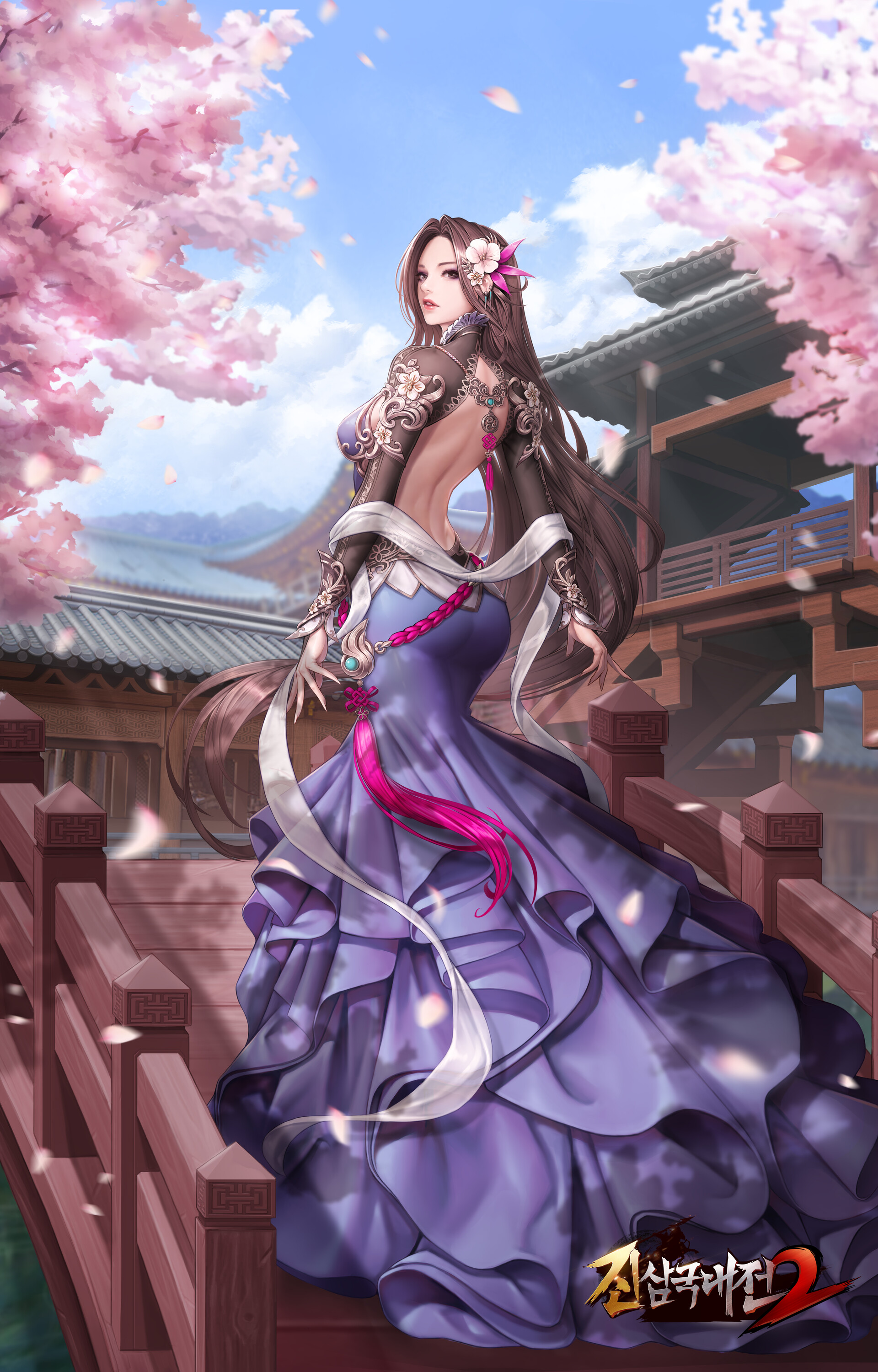 Bageumi Drawing Women Brunette Long Hair Straight Hair Dress Blue Clothing Cherry Blossom Flower In  1920x3000