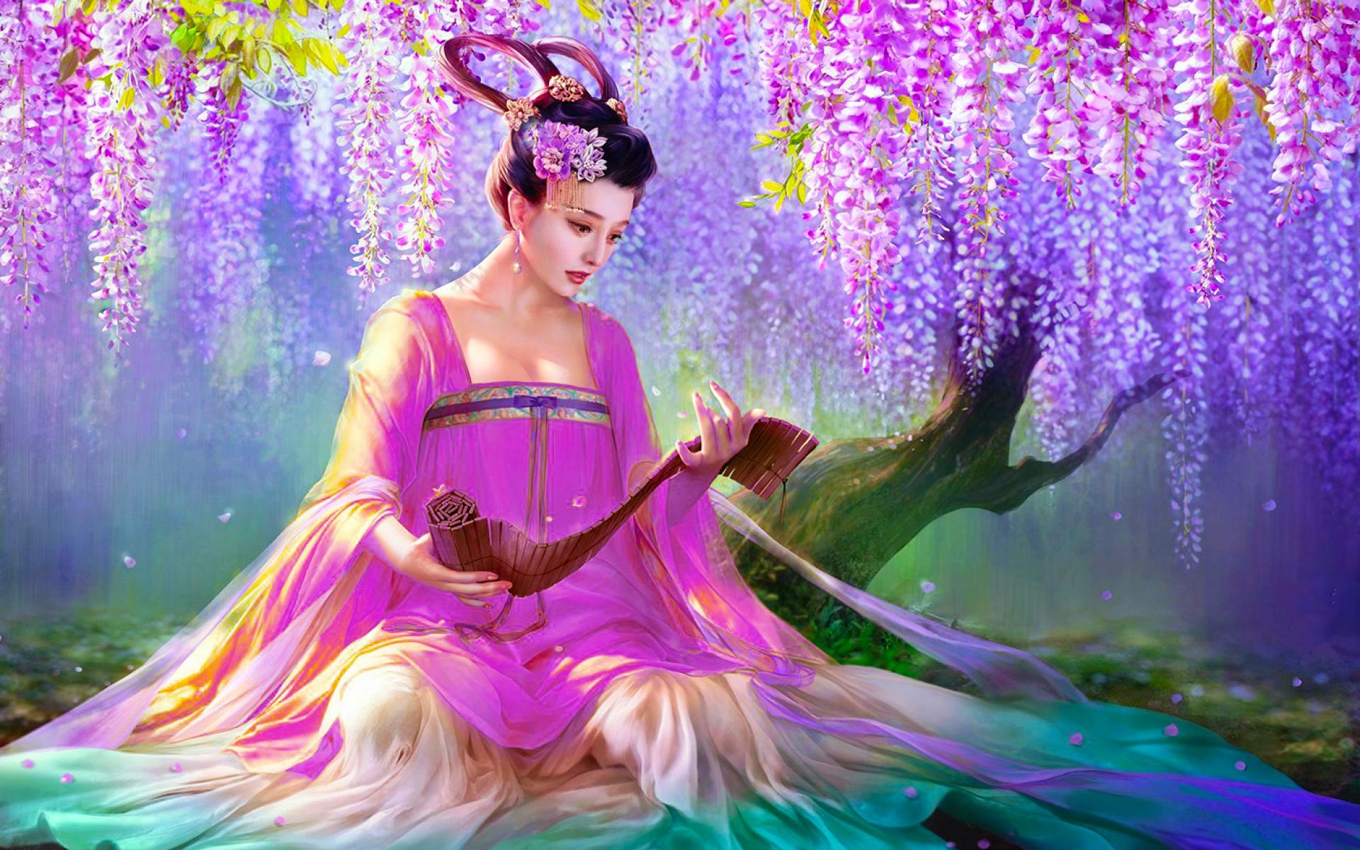 Asian Fantasy Kimono Oriental Purple Flower Wisteria Woman 1920x1200