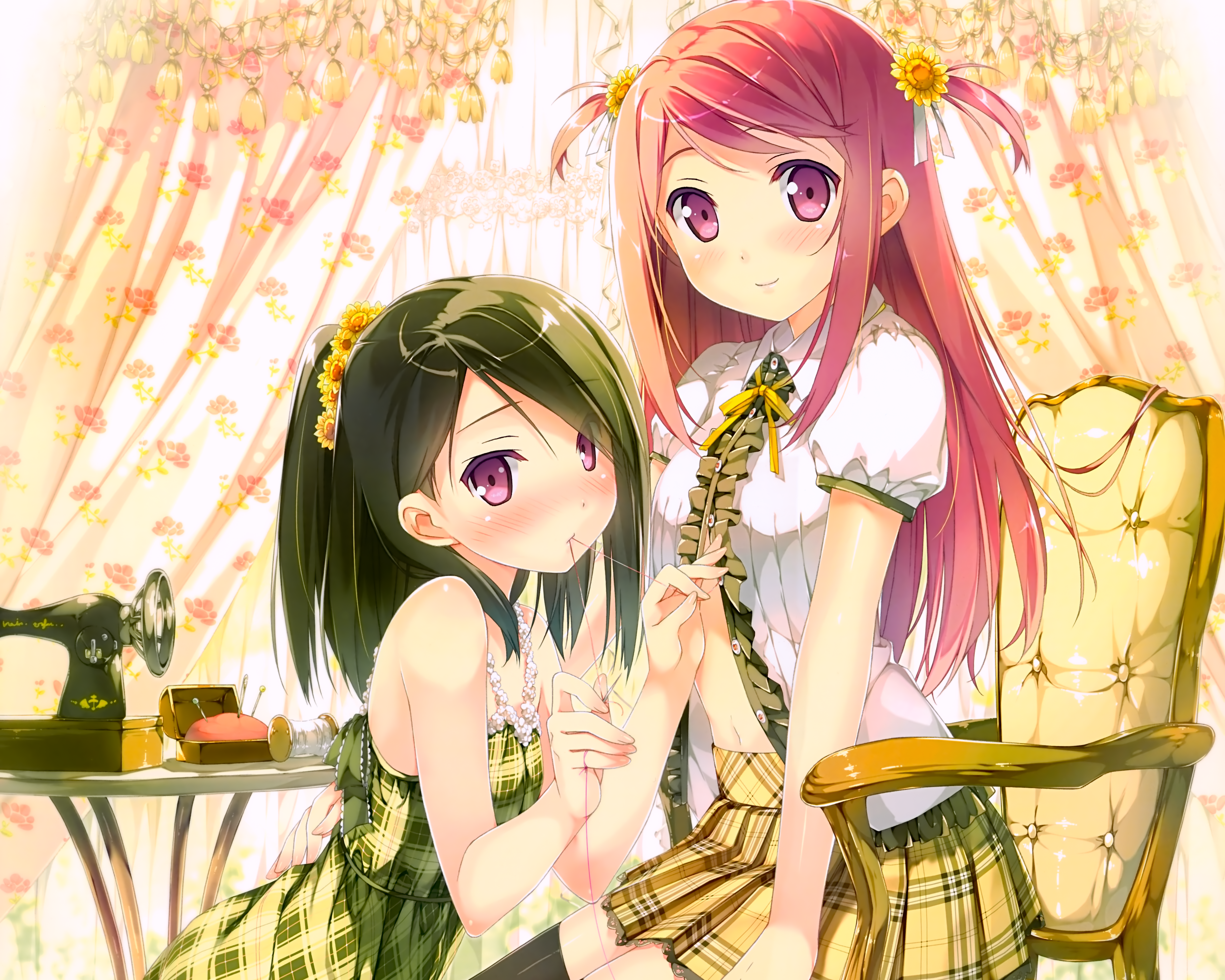 5 Nenme No Houkago Blush Chair Curtain Flower Girl Green Hair Long Hair Orange Hair Original Anime P 4946x3957