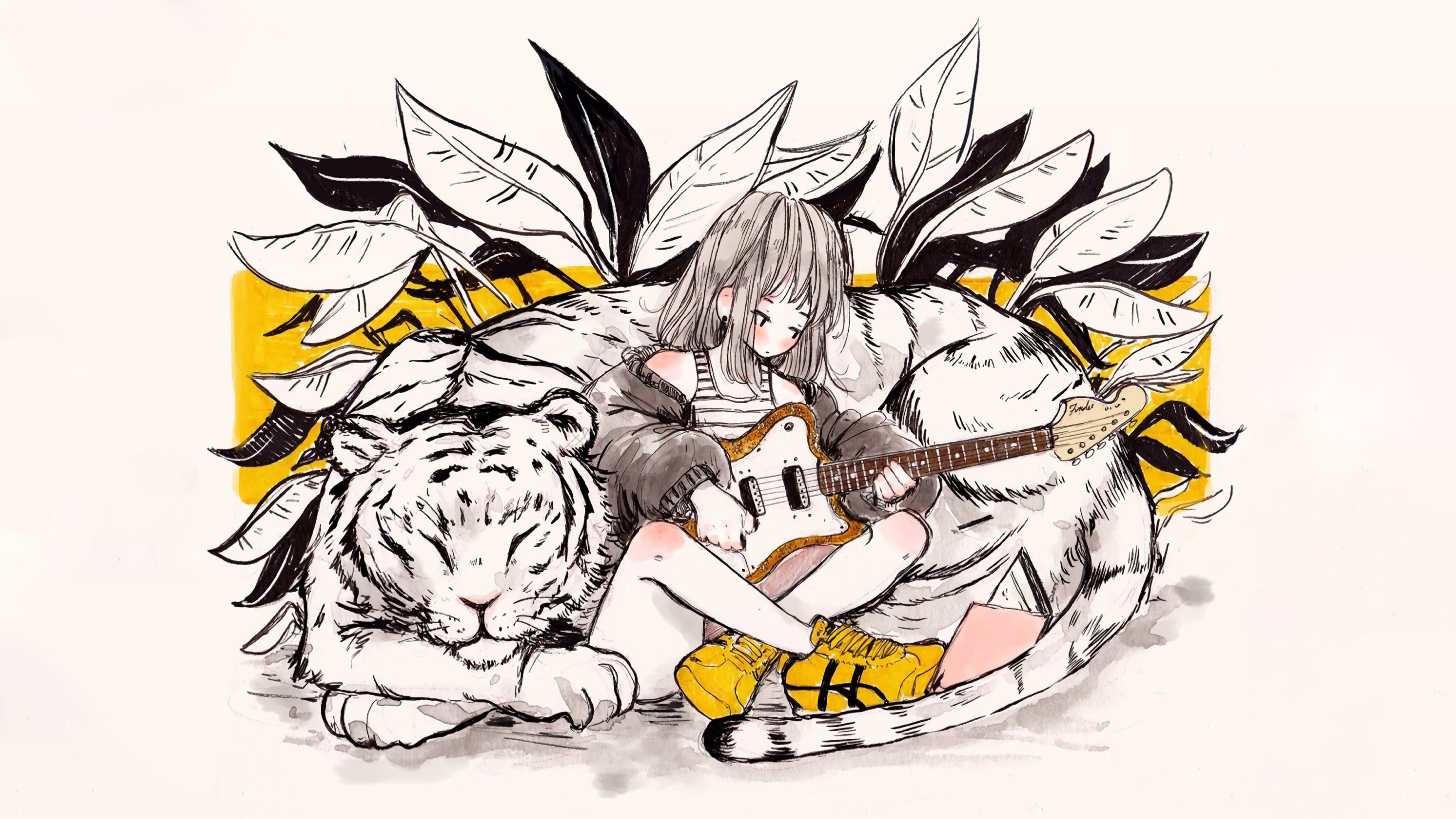 Crisalys Anime Simple Background White Background Tiger Electric Guitar 3508x1974