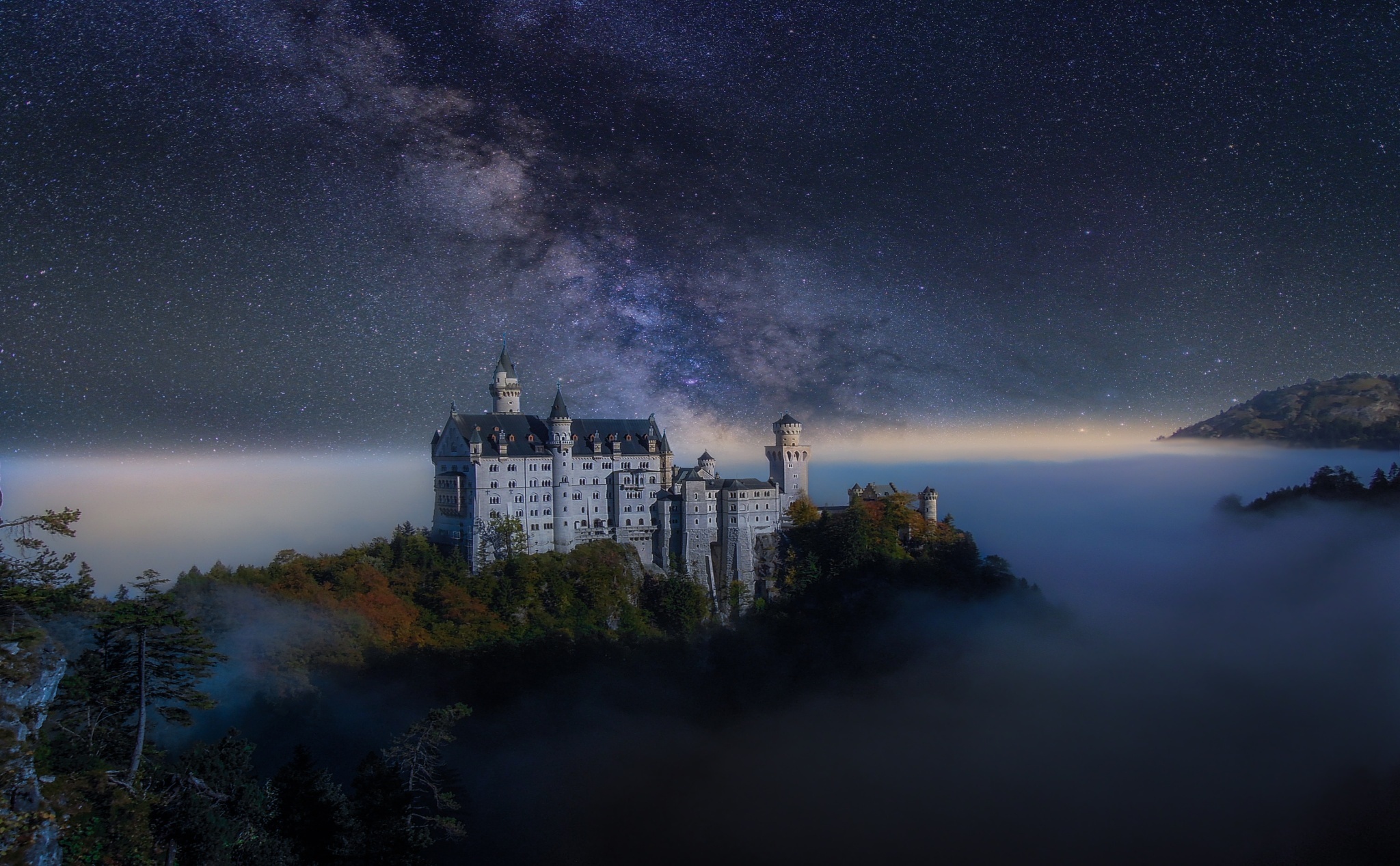 Castle Fog Germany Milky Way Neuschwanstein Castle Night Starry Sky Stars 2048x1268