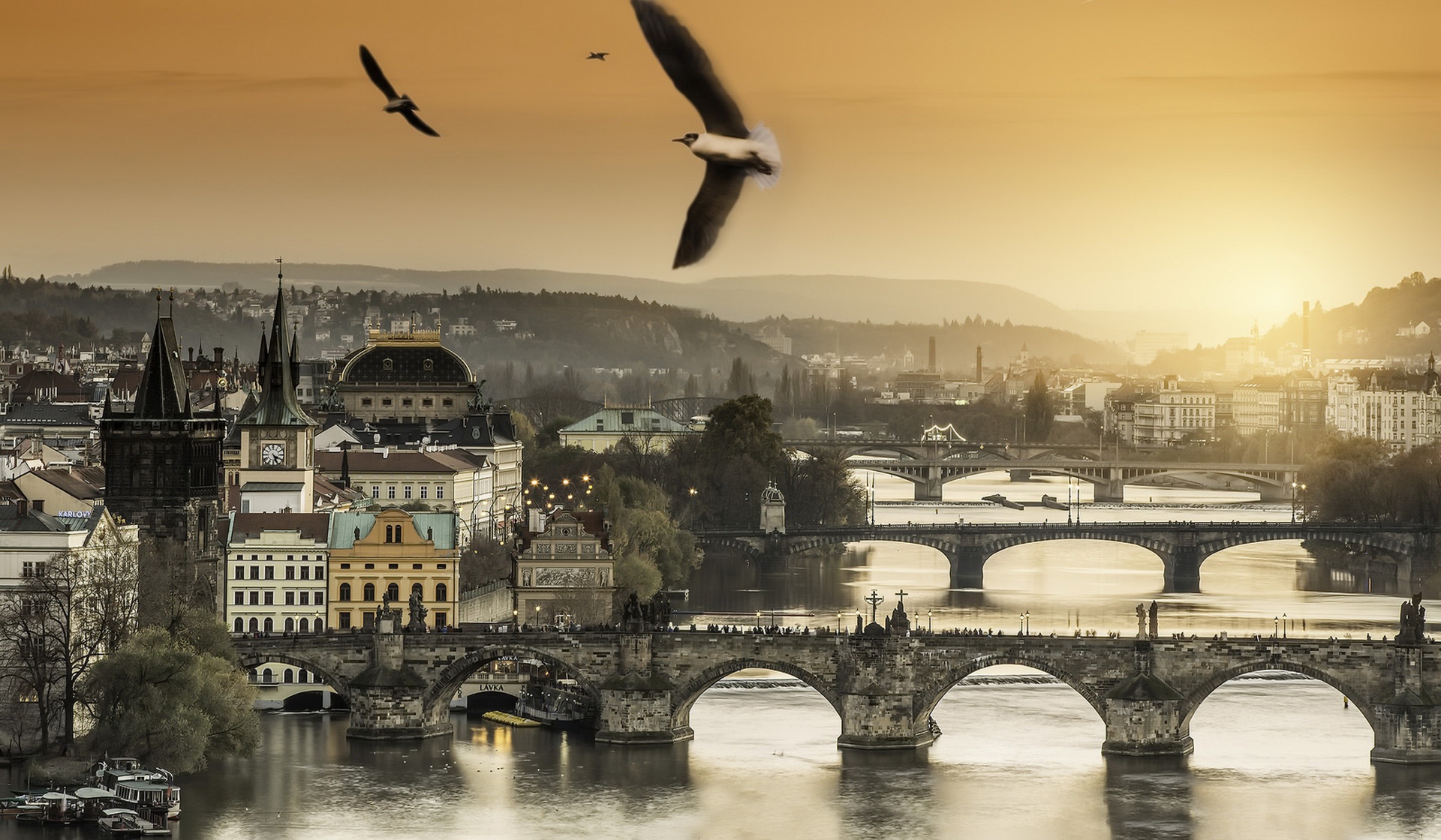 Bridge Building City Czech Republic Prague River Sunset 1920x1120