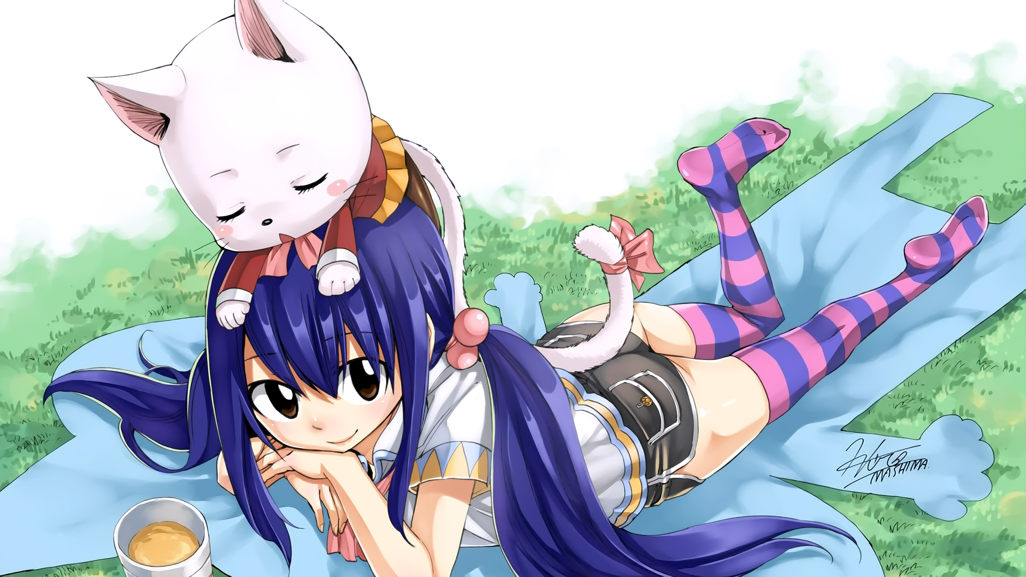 Anime Blue Hair Brown Eyes Cat Charles Fairy Tail Fairy Tail Girl Long Hair Lying Down Shorts Smile  2109x1186