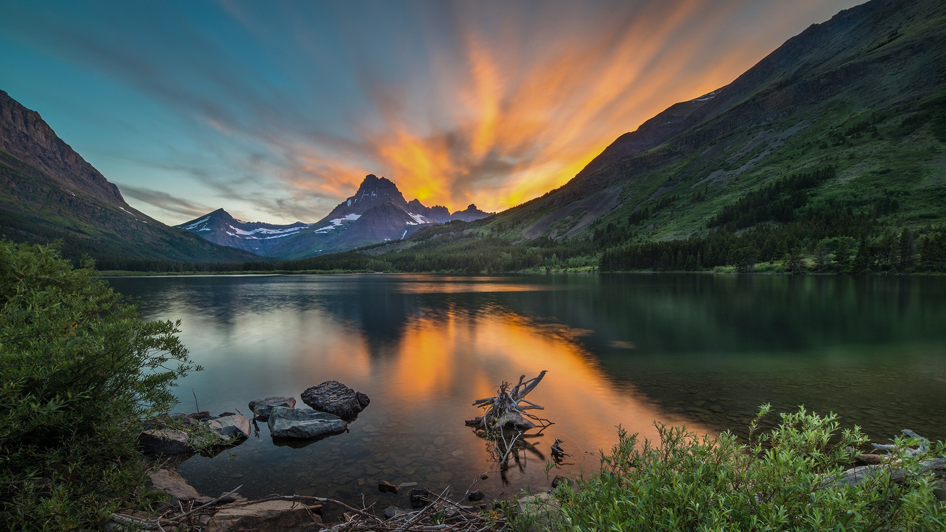Nature Landscape Clouds Sky Sunset Water Rocks Plants Trees Lake Mountains Swiftcurrent Lake Glacier 1920x1080