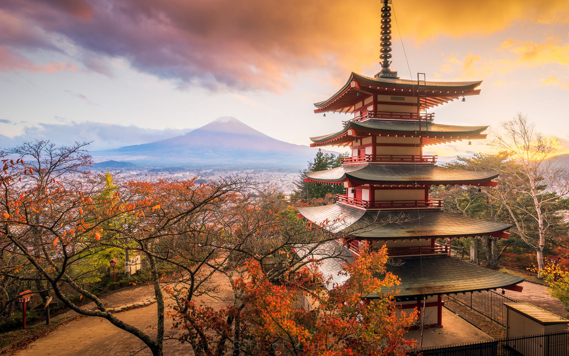 Fall House Mount Fuji Pagoda Sunset 1920x1200