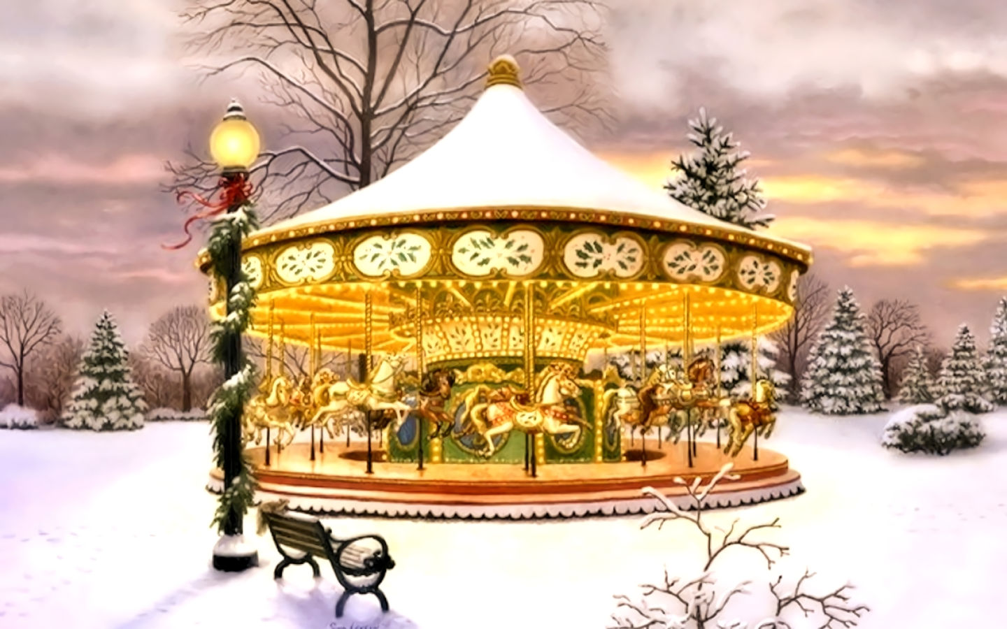 Bench Carousel Man Made Snow Winter 1440x900