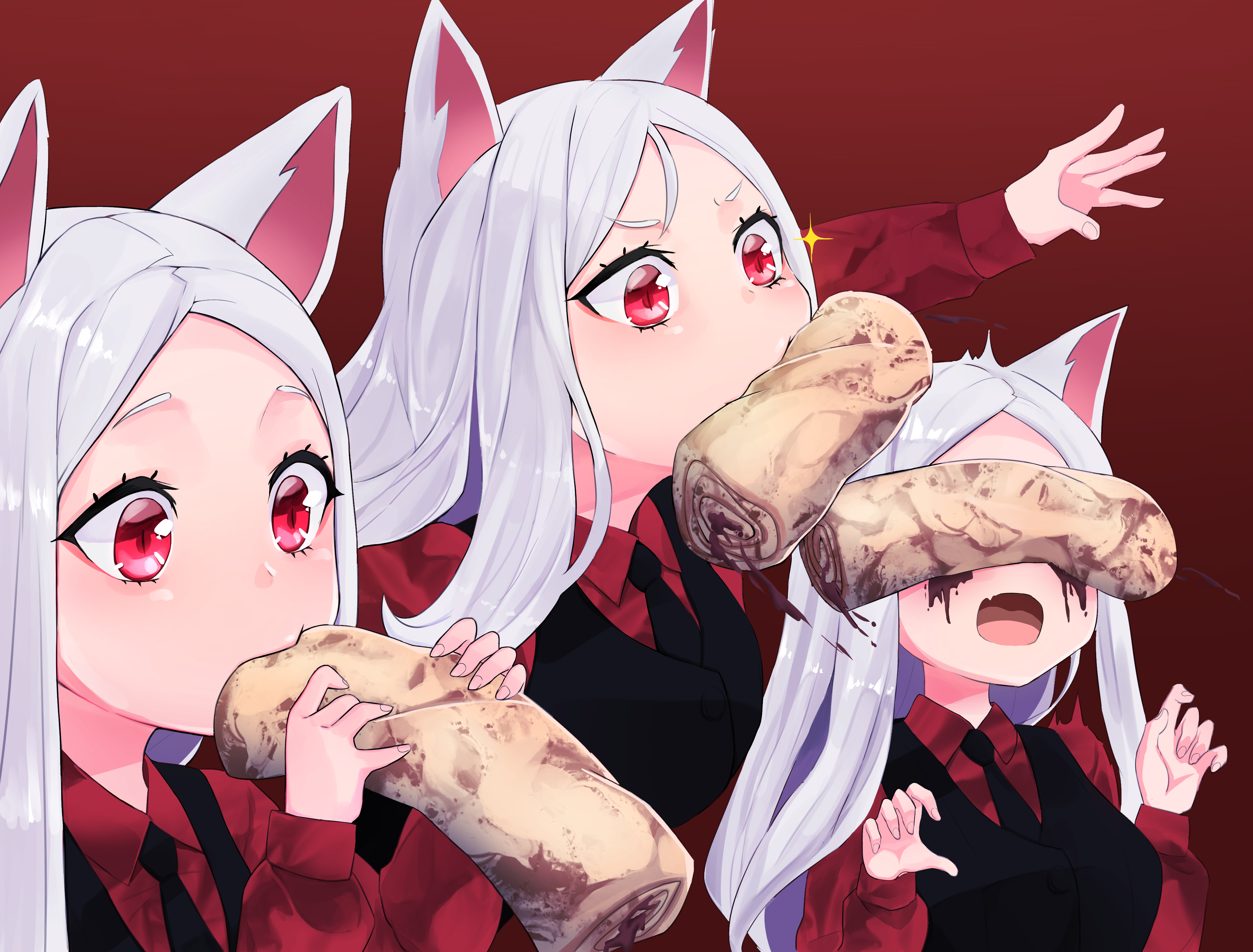 Helltaker Cerberus Helltaker White Hair Animal Ears Red Eyes Anime Anime Girls Anime Girls Eating 4160x3160