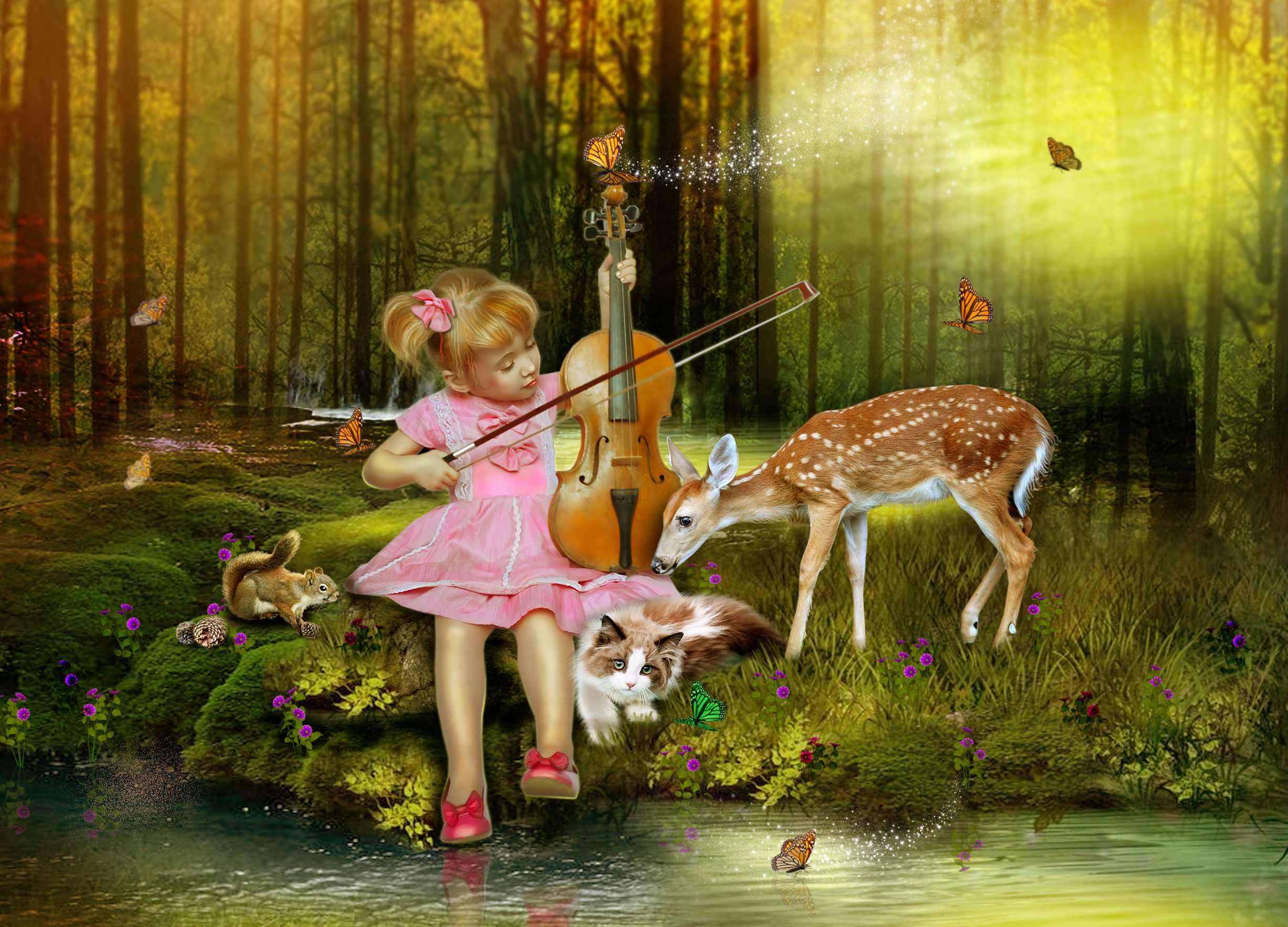 Animal Cat Deer Fantasy Fawn Forest Girl Little Girl Violin 2455x1766