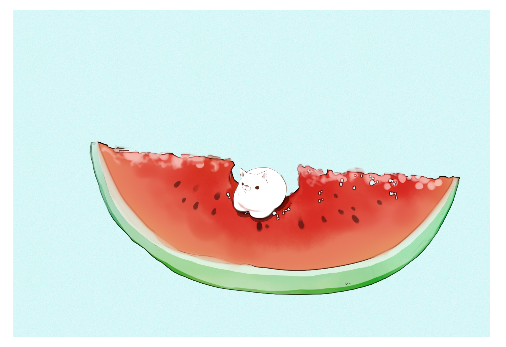 Simple Background Original Characters Food Drawingchisanne Cats Watermelons 2000x1375