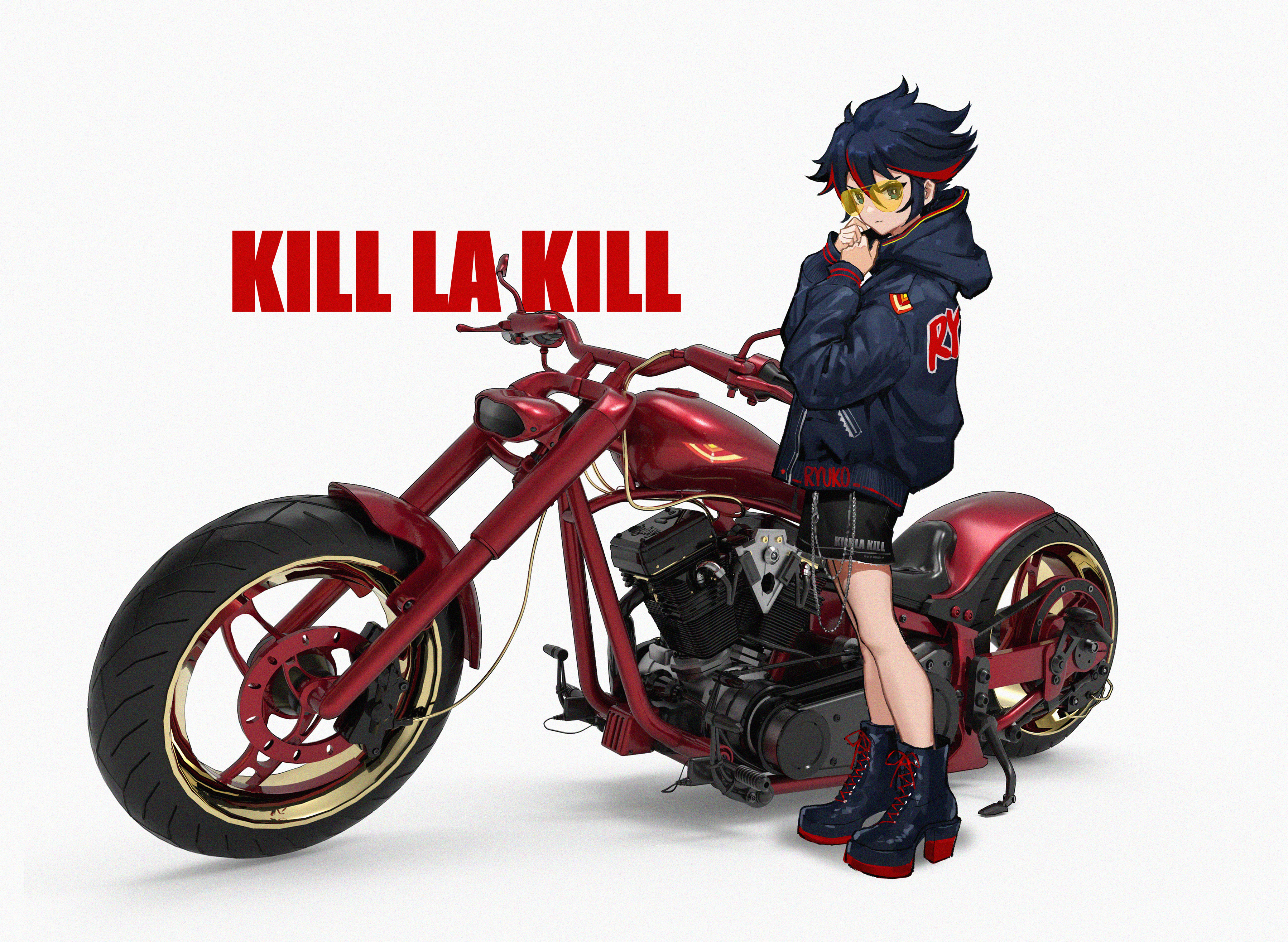 Kill La Kill Matoi Ryuuko Motorcycle Anime Girls Simple Background Blue Eyes Women With Motorcycles  3596x2631
