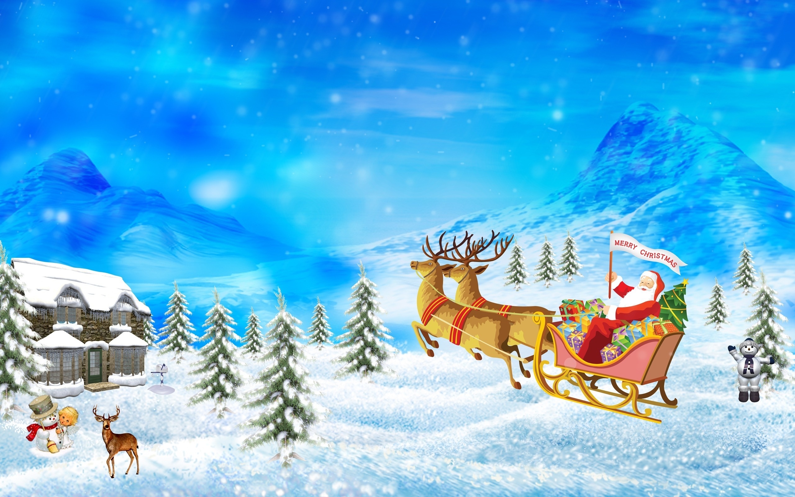 Christmas Gift Merry Christmas Reindeer Santa Sleigh Tree 2560x1600