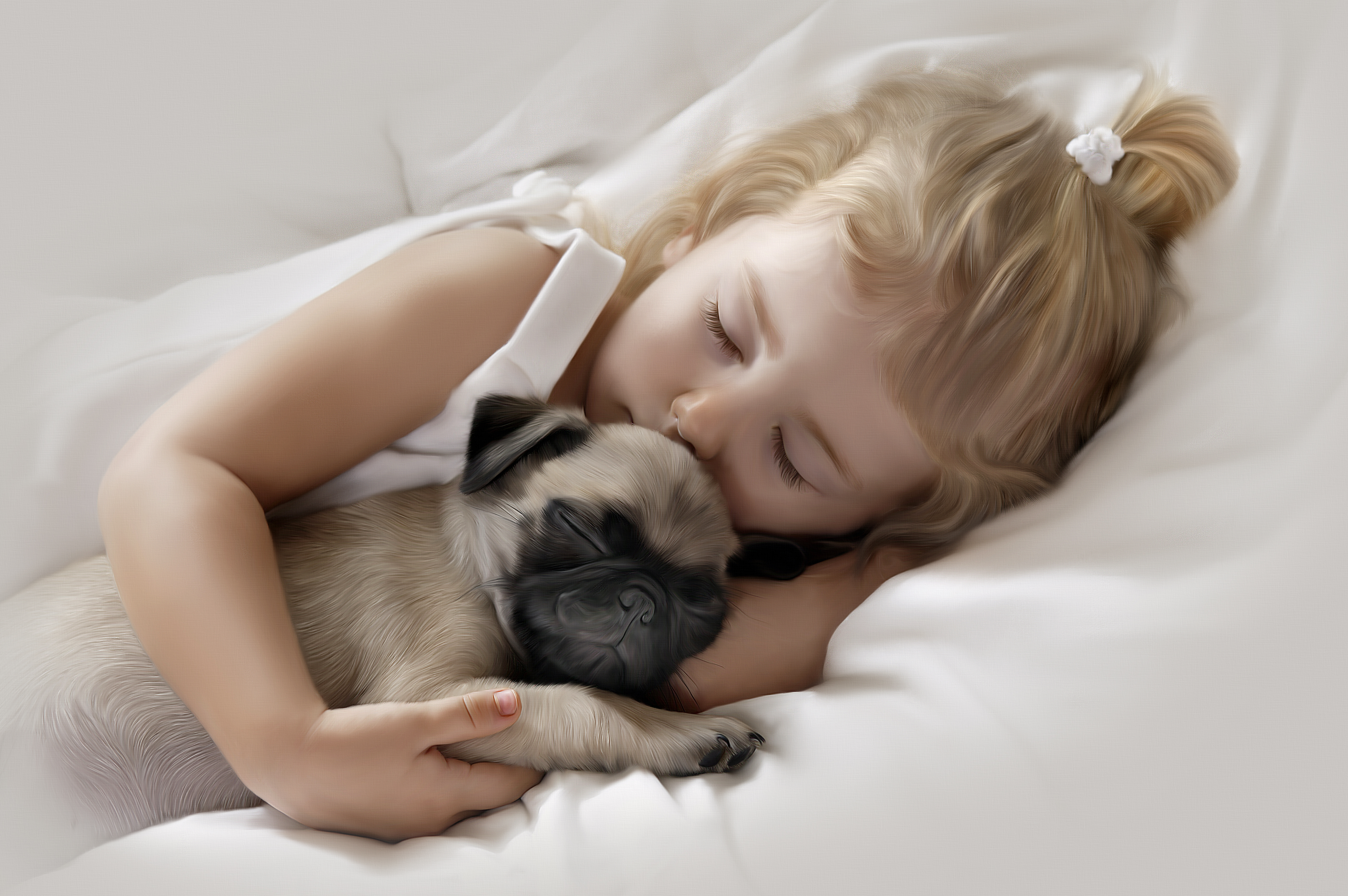 Artistic Blonde Child Little Girl Pug Puppy Sleeping 5615x3735