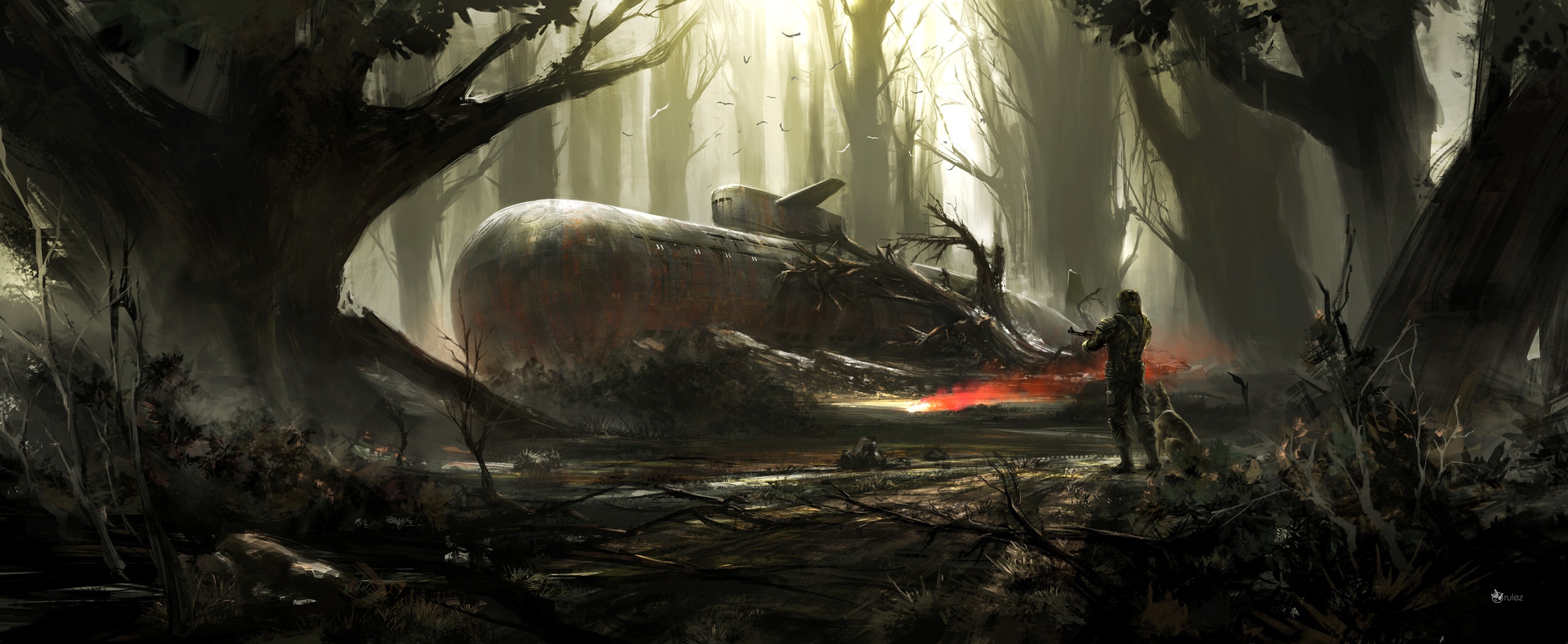 Forest Post Apocalyptic Soldier Submarine 2630x1080