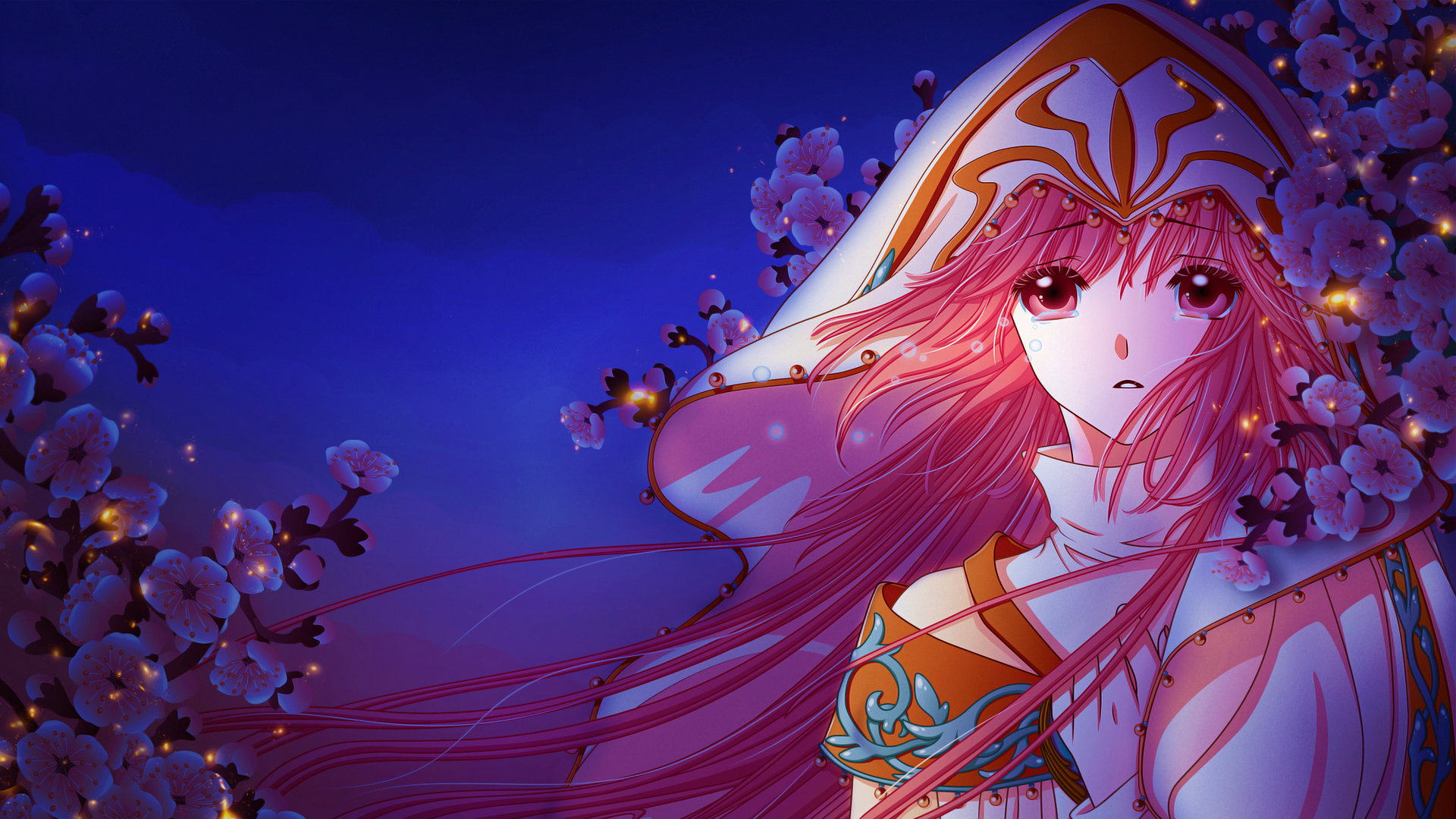 Anime Cherry Blossom Kobato Anime Long Hair Night Pink Eyes Pink Hair Pretty Sad Tears Uniform Woman 1920x1080