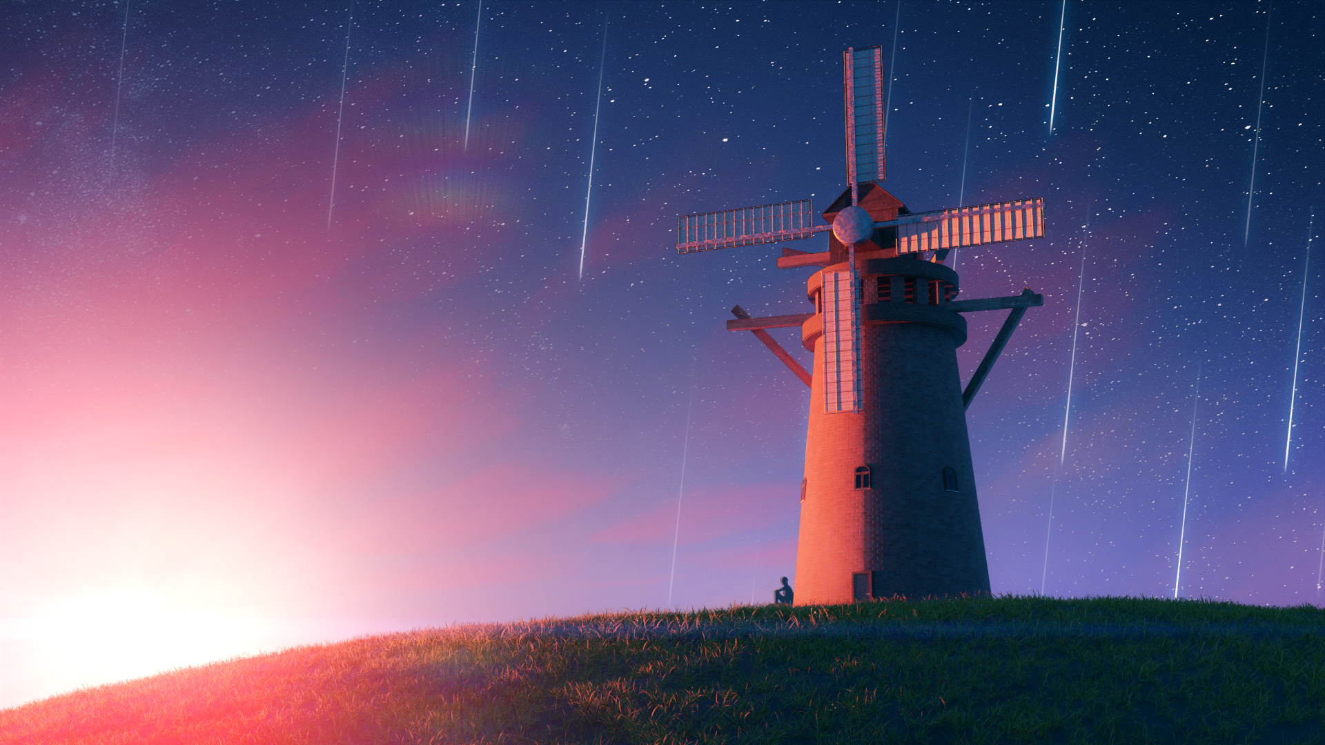 Artwork Grass Stars Sunrise Field Meteorite Shooting Stars Windmill 1920x1080