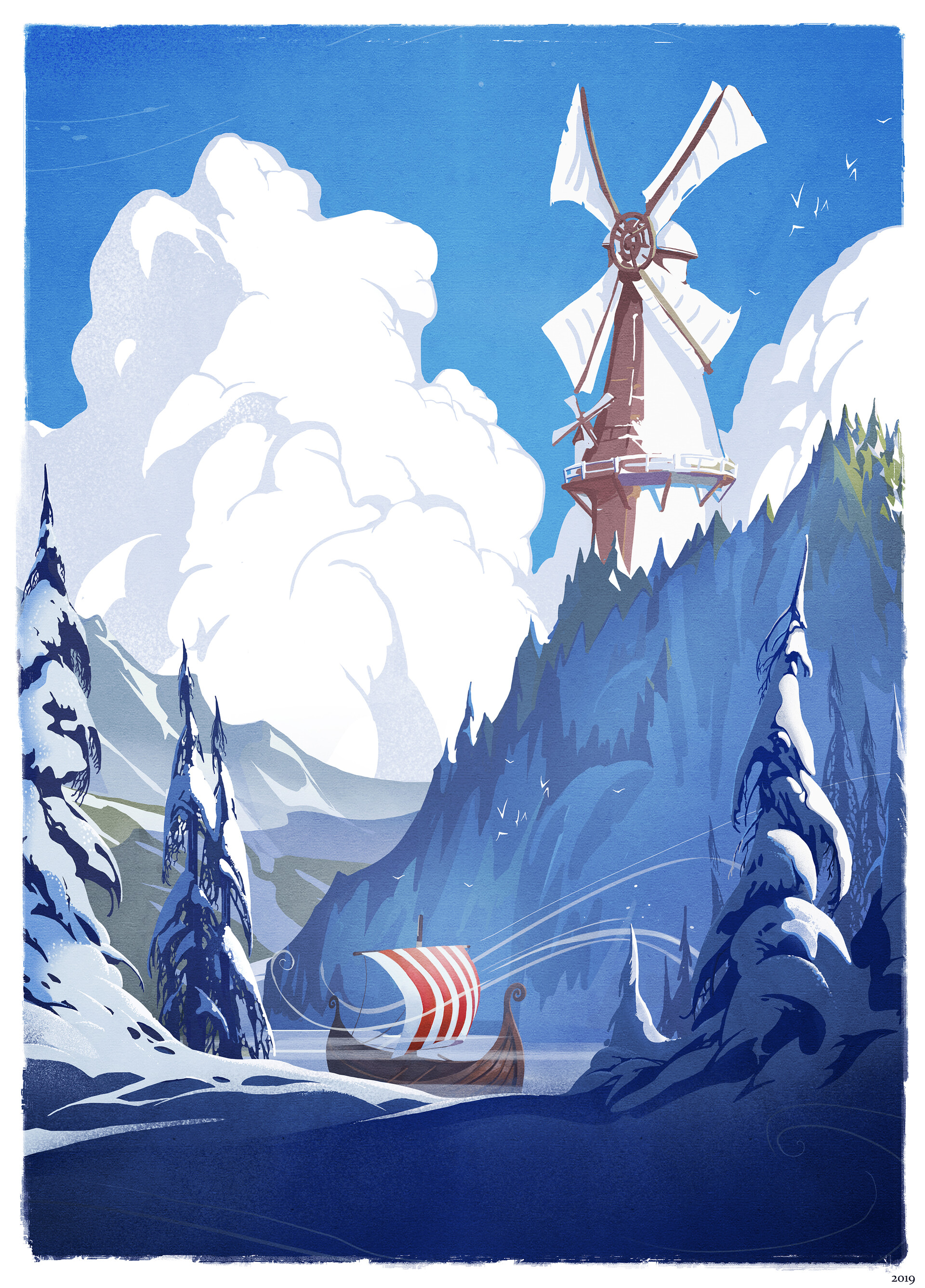 Danny Moll Digital Art Ship Windmill Snow Mountains Trees Clouds Postcard Birds 1920x2671