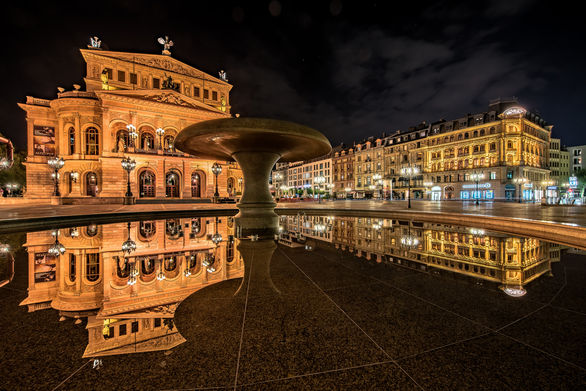 Building City Fountain Frankfurt Germany Night Opera House Reflection 2048x1366