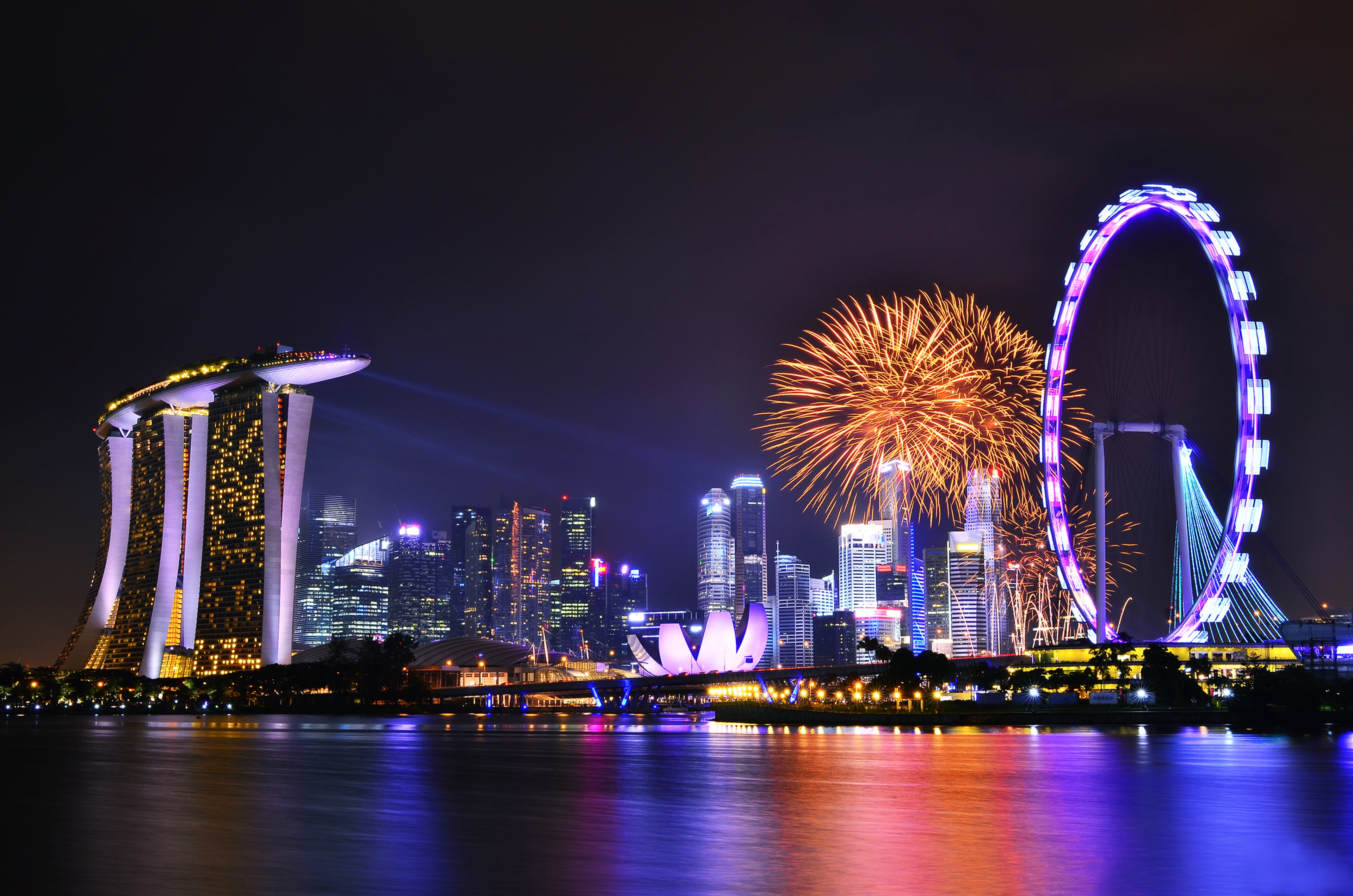 Building Celebration Fireworks Light Night Singapore Skyscraper 3840x2543